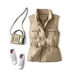 Korean Version Of Down Vest Female Wear A Waist Stand Collar Coat 2024 White Duck Velvet Drawn Rope Pocket Horse Clip Vest Vest-Outfit