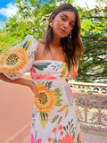 Tropical Style Flower Printed Maxi Dress Women Square Neck Short Sleeve Colorful Vestido Female Fashion Holiday