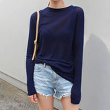 Sale 2023 New Spring Summer Basic Tops Long Sleeve Loose Thin Sexy Blue T-shirt Women Fashion Solid Color Cotton Tee