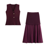 Women's 2025 Summer New V-Neck Gold Button Knitted Vest + Folding Skirt