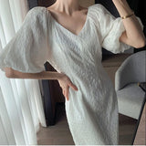New Women Fashion Elegant Puff Sleeve Solid Midi Dresses Office Lady Female Slim Chic Clothes