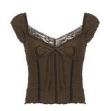 Zingj Retro Lace Stitching Bow Jacket New Spring 2023 Slim Slim Casual Solid Color Short-Sleeved