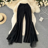 Green/Black/White/Rose Red Mesh Patchwork Flare Pants For Women Elegant High Waist Wide Leg Hip Hop Dancing Trousers