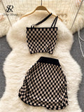 Women Summer Plaid Knit Set 2022 Retro Casual Vacation Elastic Waist Fashion Temperament A Line Mini Two Piece