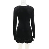Black Velvet Long Sleeve Puff Trim Bodycon Mini Dress- Outfit