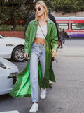 Autumn Extra Long Green Leather Trench Coat for Women Long Sleeve Sashes Single Breasted Maxi Overcoat 2021