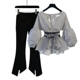 2022 Spring Summer 2 Pcs Suits Women's Striped Bow Lantern Sleeve Blouse + Black Split Flare Sleeve Pants Set