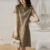 Spring and Summer Women New Elegant Lapel Collar Short Sleeve Above Knee Midi Floral