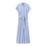 New Striped Blended Medium-Length Shirt Dress