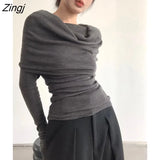Style Sweaters Women Chic Spring Slash Neck Elegant Cozy Long Sleeve Knitwear Slim Fashion Ladies Daily All-match