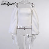 Solid Women Lantern Sleeve Crop Top Off Shoulder Lace Up Elegant Party Streetwear 2021 Spring Summer Top
