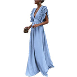 Sleeves Mid Waist V-neck Backless Solid Color Long