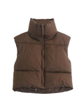 Women Fashion Brown Cropped Vest Coat Female Stand Collar Zipper Waistcoat Ladies Casual