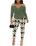 Autumn And Winter Women's Wear New Shoulder Spliced Long-Sleeved Printed Trousers Two