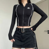 Zingj Letter Embroidered Long Sleeve T Shirt Women's Fall 2023 Bud Strip Zipper New Top INS Women's