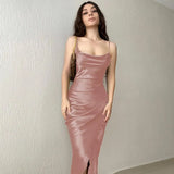 Women Satin Split Dress 2022 Summer Spaghetti Strap Backless Long Dresses Elegant Bodycon Party Dresses Vestidos De