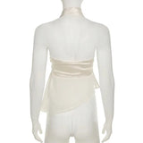 Satin Patchwork Mesh Bandage Crop Top- Outfit