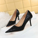 Zingj Retro Stone Grain High Heels Women's Shoes Heel High Heel Shallow Pointed Metal Beads Rivet Women's Singles