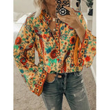 Women Print Blouses Casual Loose Tops Stand V Neck Long Sleeves Button Plus Size Pullover Female Tee Shirts