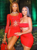 Sexy See Through Hollow Mini Dresses Women O-Neck Off Shoulder Skinny Midnight Party Clubwear Skirts Female