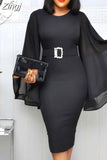 Elegant Party Dress Women 2023 Black Office Fashion Chiffon Flare Long Sleeve Sexy Bodycon Belt Ladies Autumn Midi