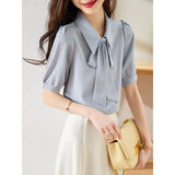 Zingj Chiffon Ribbon Short-Sleeved Shirt Female Summer Versatile New Advanced Sense Design Sense Minority Professional