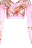 Pink Printed Chic Skinny Bandage Full-Sleeve Patchwork Short Tops&Sweet Hollow Mid-Waist Slim Yoga High Street