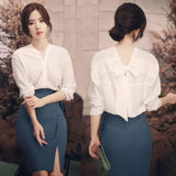 Long Sleeve White Blouse Women Back Bow V-neck Korean Style Solid Tops Chiffon Blouse Office Lady Style