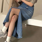 Skirts Women Blue Denim Button Slender Retro High Waist A-line Students Korean Style Hipster All-match Nice Quality