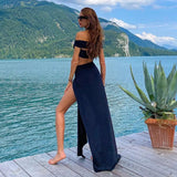High Split Bandage Hollow Out Long Beach Dress 2022 Summer Women Halter Neck Solid Black 2 Piece Set Party Dresses