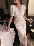 New Dress For Women Elegant Midi Bodycon Office Lady Solid One Piece Slim Clothing Femme Fashion