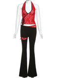 Red Lace Sheer Halter Crop Top And Flare Pants Set- Outfit