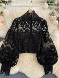 Lace Hollow Out Short Blouse Casual Lantern Long Sleeve Stand Collar Shirts Female Elegant Red/Pink/White Loose Tops