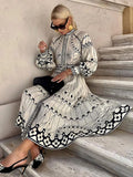 Women Elegant Ink Style Print Midi Dress With Belt Lantern Long Sleeve O-neck Dresses 2024 Chic Lady Casual Vacation