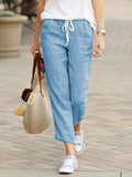 Color Street Loose Casual Drawstring Elastic Waist Cotton Linen Cropped