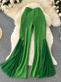 Green/Black/White/Rose Red Mesh Patchwork Flare Pants For Women Elegant High Waist Wide Leg Hip Hop Dancing Trousers