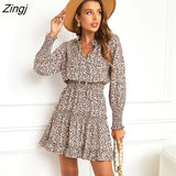 PETAL Brown Leopard Mini Dress For Woman Sexy Split Neck Long Sleeve Party Dress 2023 Spring Autumn Female