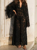 Neck Crochet Hollowed Out Flare Sleeve Midi Dress Women Loose See Through Vestidos 2024 Sexy Party Beach Vacation Female
