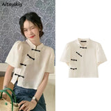Women New Chinese Style Button Design Vintage Tender Stand Collar Fashion Loose Casual Solid Temperament Summer