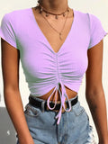 V Neck Cropped Tank Tops Women Drawstring Tie Up Front Camis Candy Colors Streetwear Slim Fit Ribbed Crop Top