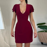 Sexy V Collar Waist Shows Thin Short-Sleeved Dress Temperament Slim Casual Pure Color Hip Skirt