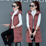New Medium Long Down Cotton Vest Female Autumn Winter Korean Version Hooded Cotton Horse Clip Warm Vest Vest-Outfit