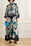 Women Vintage Print Spliced Lace Up Maxi Dress with ribbon Casual Loose V Neck Flare Sleeves Dresses Summer Lady Elegant