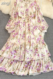 Vintage Floral Chiffon Long Dress Elegant O-Neck Puff Sleeve High Waist A-Line Ruffle Hem Vacation Beach Maxi