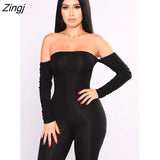 Women Solid Color Long Sleeve Off Shoulder Jumpsuits Sexy Skinny Slim Jumpsuits for Sping