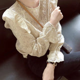 Women Apricot Newly Lace Ins Sweet Fashion Design Spring Flare Sleeve BF Lovely O-Neck Classy Female Solid Slim