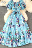 Women Floral Chiffon Dress Vacation Beach Vestidos Female Elegant Slash Neck High Waist A-Line Midi Robe Bohemian