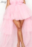 Mesh Sheer Elegant Women Formal Ball Gown Dress 2023 Strapless Off Shoulder High Waist Asymmetrical Hem Tulle