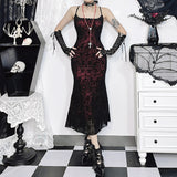 Vintage Gothic Blouse Sexy Cross Flocking Suspender Fishtail Skirt