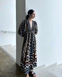 Flower Printed Wrap Waist Women Maxi Dress Chic Deep V Neck Puff Sleeves Buttons Vestidos 2024 Summer Lady Vacation